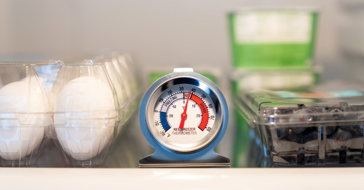 How Proper Meat Storage Helps Ensure Freshness and Taste A round refrigerator thermometer with a red and blue dial sits on a fridge shelf next to a carton of eggs and berries.